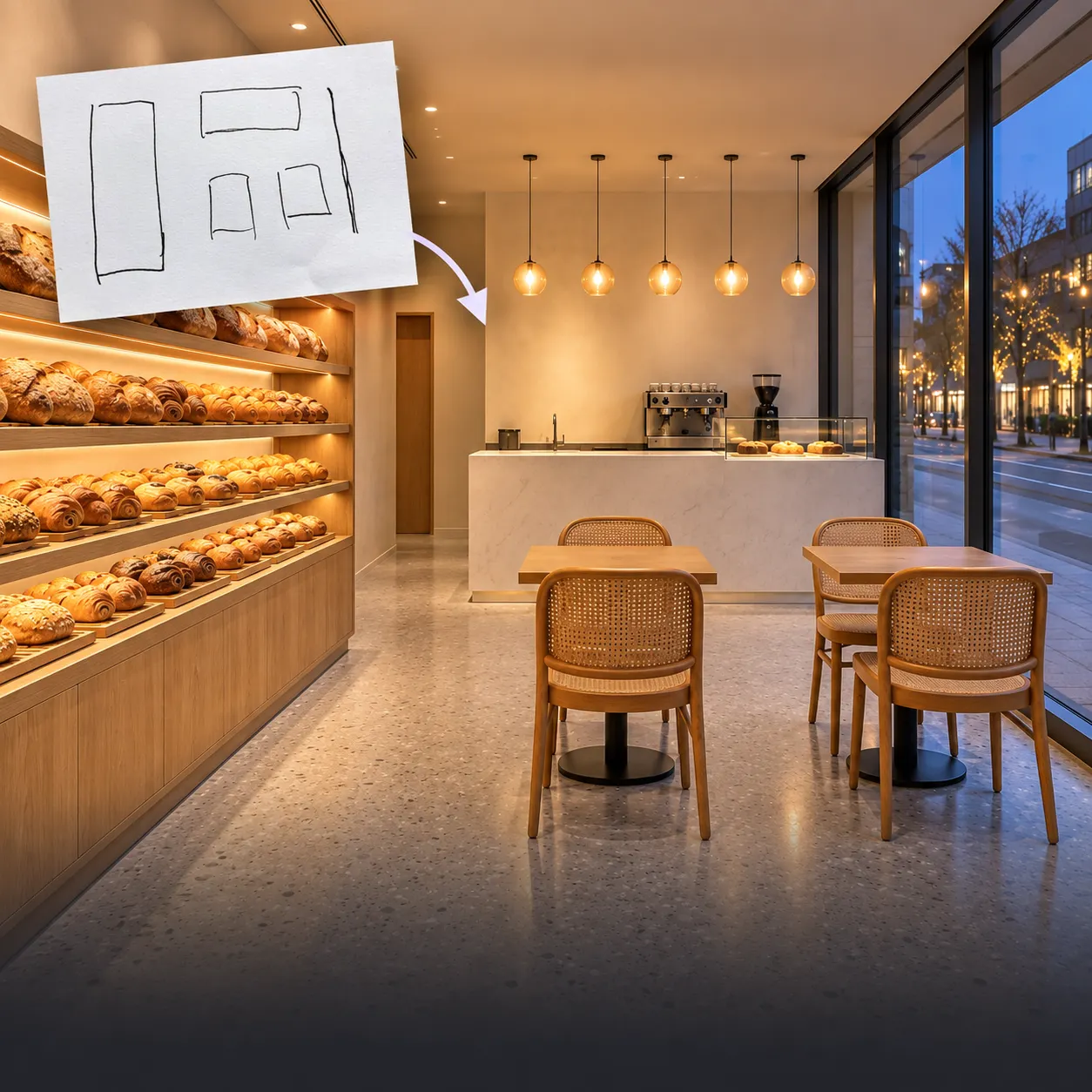 Photorealistic bakery interior generated by GPT Image from a simple line sketch, warm lighting, 1:1 output