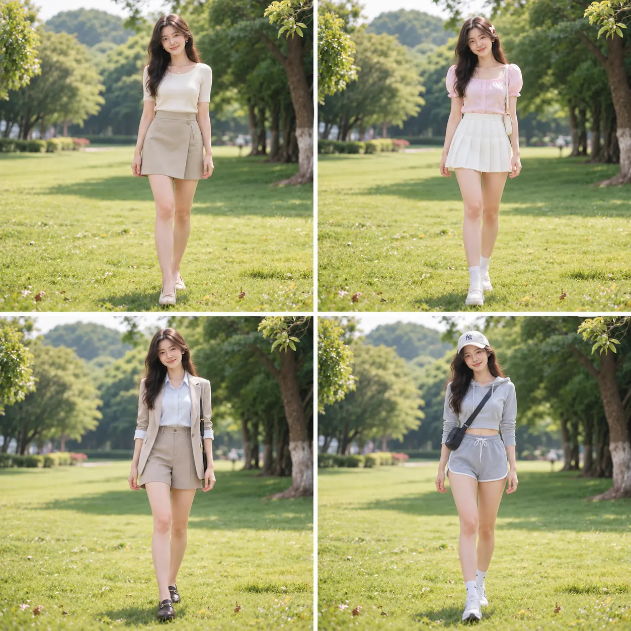Same woman in four different outfits demonstrating AI character consistency