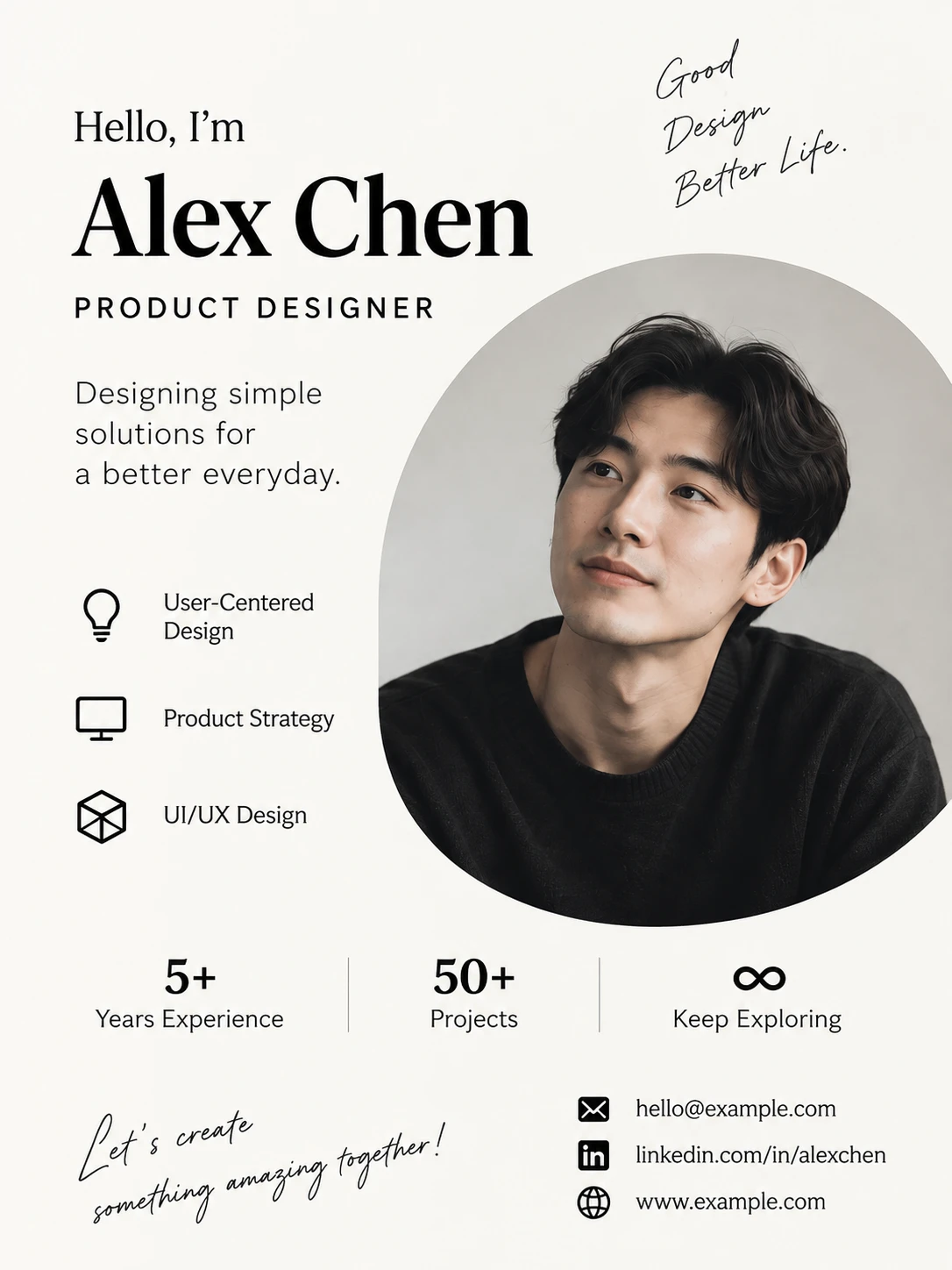 Minimal product designer profile poster with a cream background, bold black typography, rounded portrait and line icons