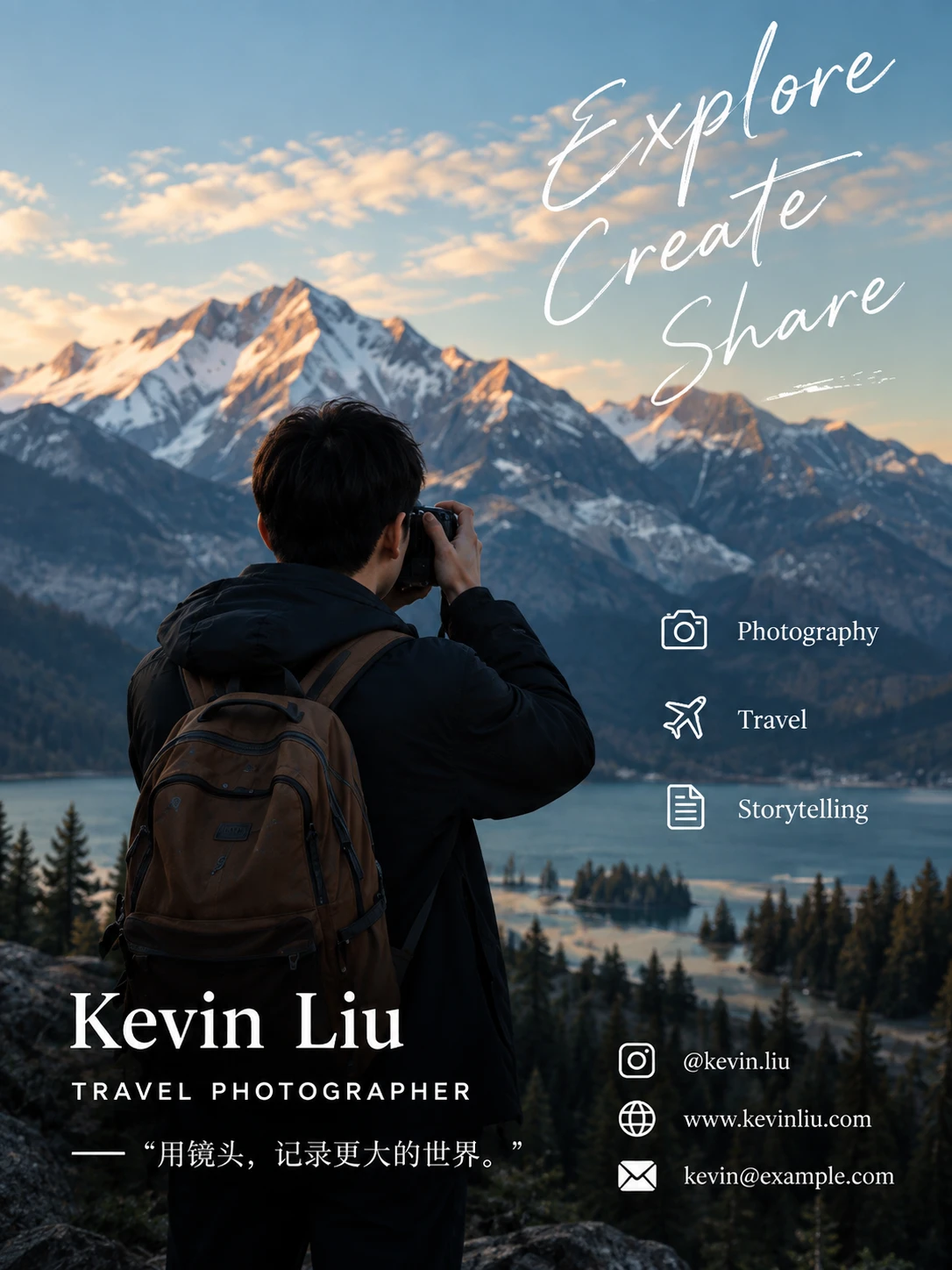 Travel photographer profile poster with a full-page mountain and lake scene, a photographer in the foreground and white typography